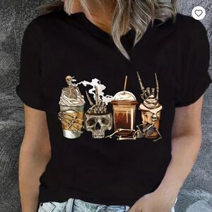 NEW! Scary Halloween Drinks T Shirt Skull, Coffee, Frapp, Party, Fun, Spooky